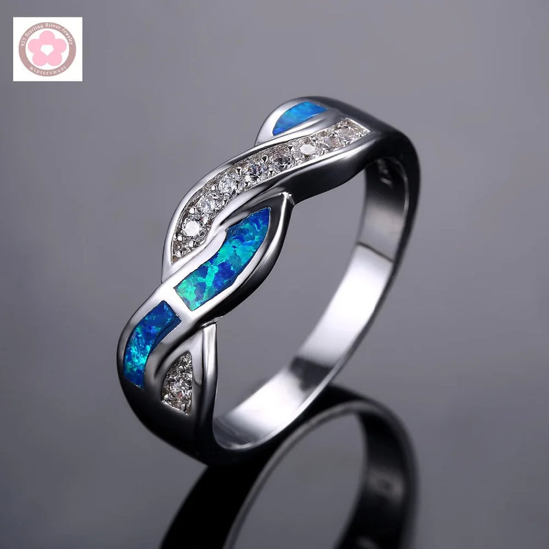 JieLing Vintage Rhodium Coated Copper Ring with Blue Green Fire Opal Interlocked Band Elegant Fine Jewelry for Anniversary Promise