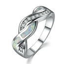 JieLing Vintage Rhodium Coated Copper Ring with Blue Green Fire Opal Interlocked Band Elegant Fine Jewelry for Anniversary Promise