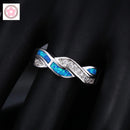 JieLing Vintage Rhodium Coated Copper Ring with Blue Green Fire Opal Interlocked Band Elegant Fine Jewelry for Anniversary Promise