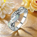 JieLing Vintage Rhodium Coated Copper Ring with Blue Green Fire Opal Interlocked Band Elegant Fine Jewelry for Anniversary Promise